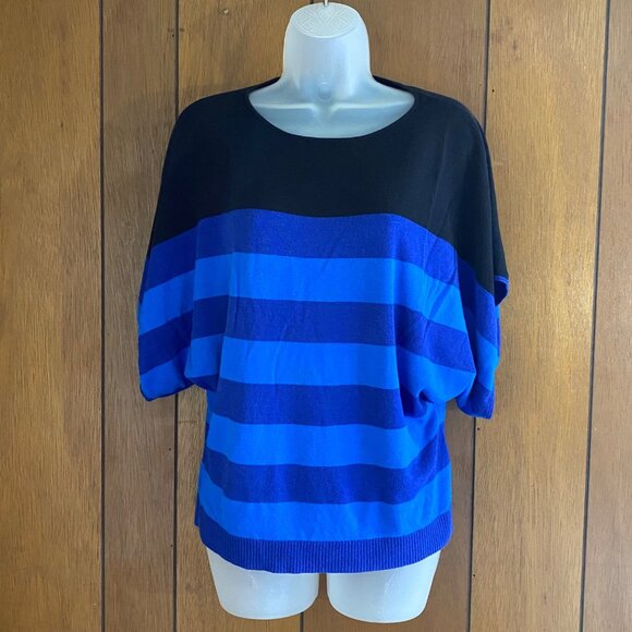 Madison Sweater Women's M Blue Black Striped Batwing‎ Sleeve Top Casual Jumper - Picture 1 of 11